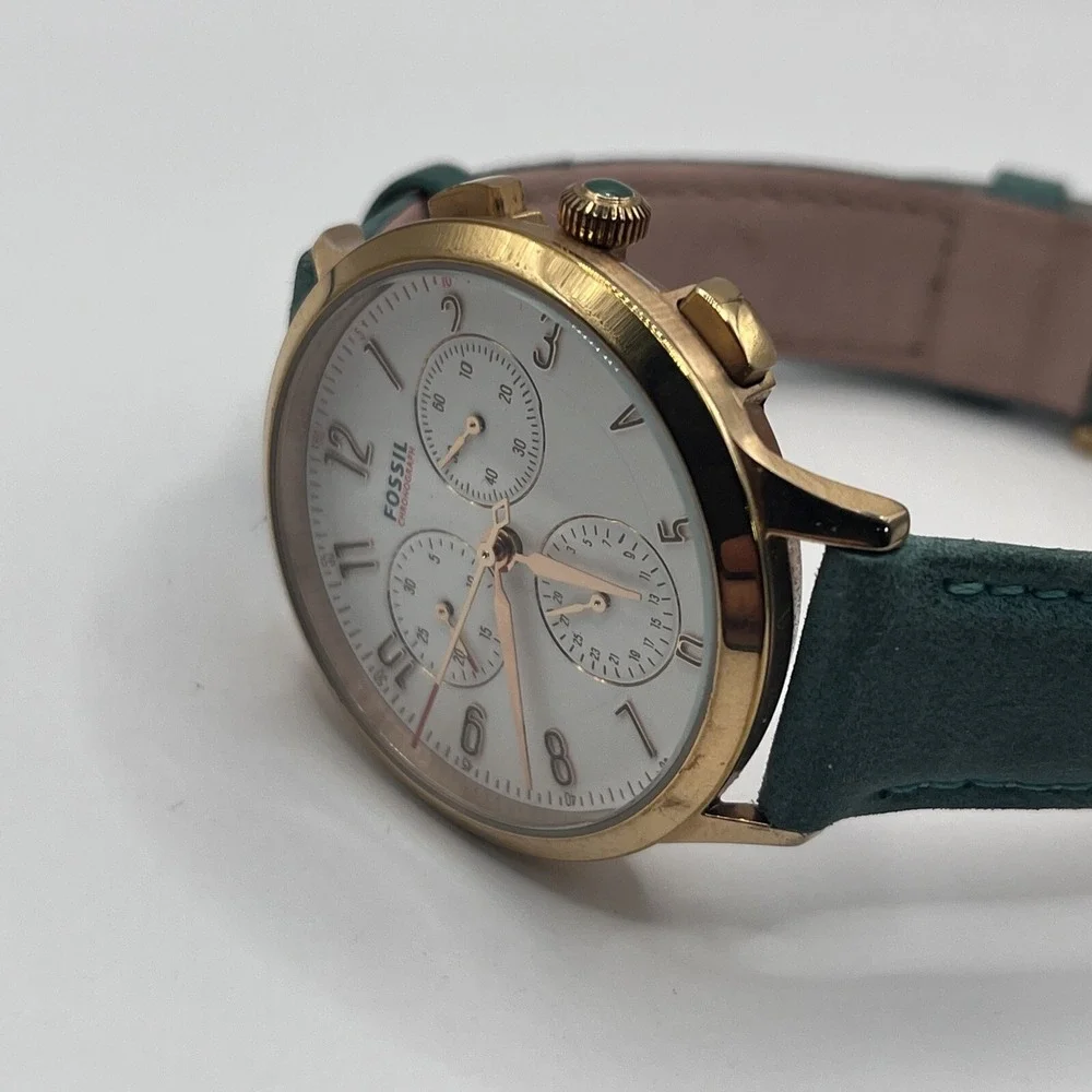 Fossil Abilene Chronograph Teal Leather‎ Strap Watch CH3089- New Battery!